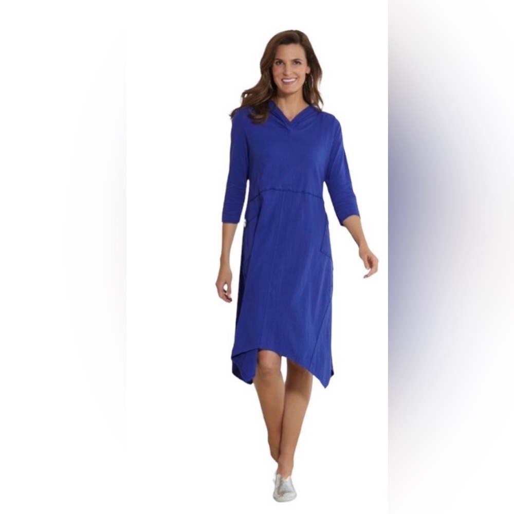 New SOFT SURROUNDINGS Lagunitas Hooded Midi Dress Blue Crinkle Pocket Asymmetric
